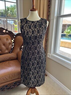 Tahari Black Lace Dress with Nude Lining Mini